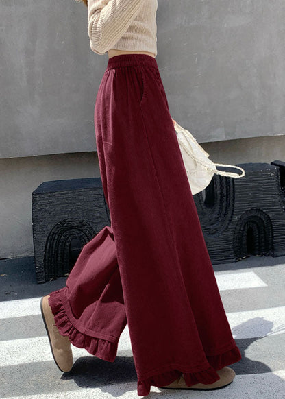 New Pink Ruffled Patchwork Corduroy Wide Leg Pants Spring
