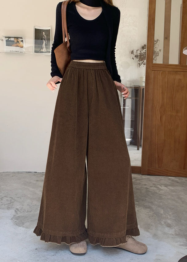 New Pink Ruffled Patchwork Corduroy Wide Leg Pants Spring