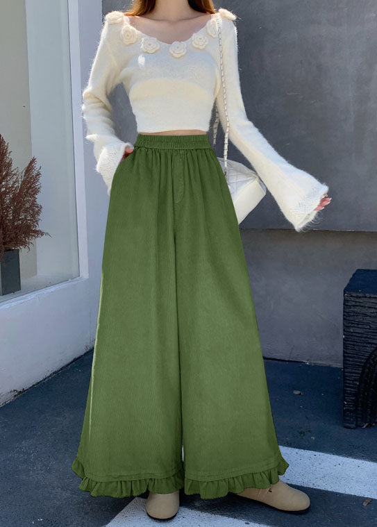 New Pink Ruffled Patchwork Corduroy Wide Leg Pants Spring