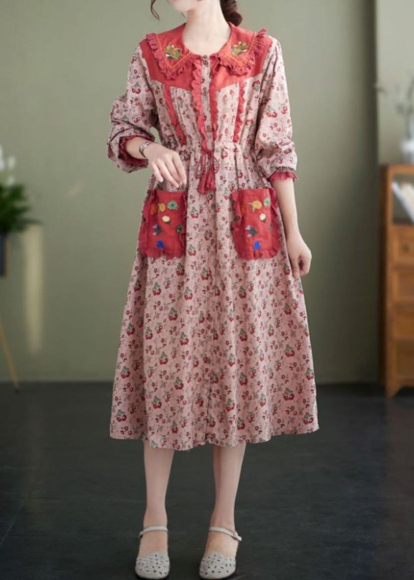 New Pink Ruffled Print Laceup Cotton Dress Spring