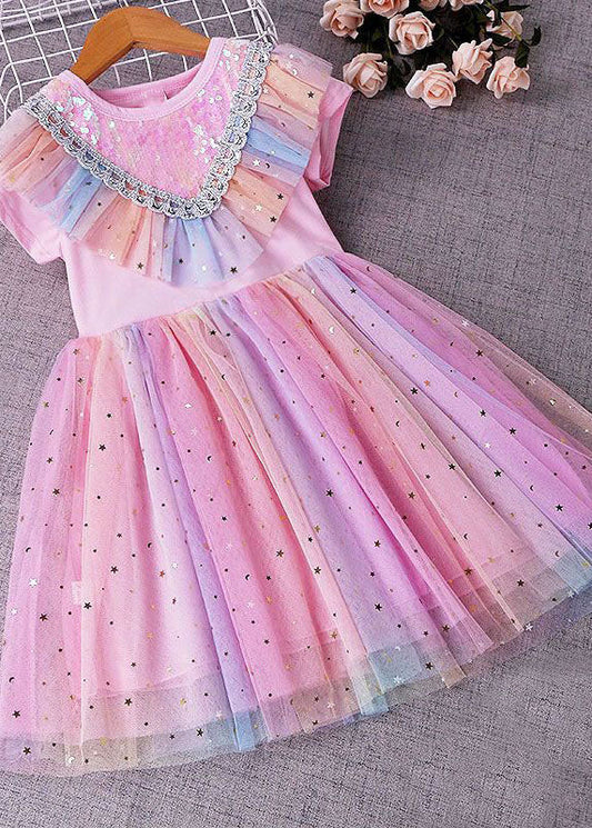 New Pink Sequins Wrinkled Patchwork Tulle Kids Rainbow Dress Summer