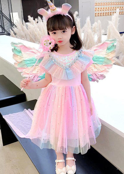 New Pink Sequins Wrinkled Patchwork Tulle Kids Rainbow Dress Summer