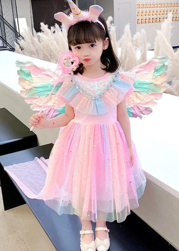 New Pink Sequins Wrinkled Patchwork Tulle Kids Rainbow Dress Summer