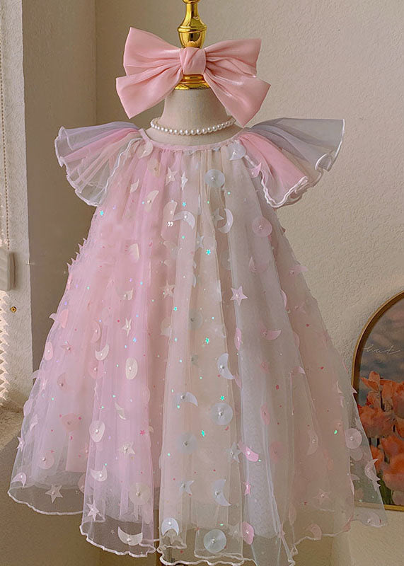 New Pink Wrinkled Nail Bead Patchwork Tulle Kids Dresses Summer