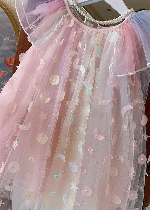 New Pink Wrinkled Nail Bead Patchwork Tulle Kids Dresses Summer