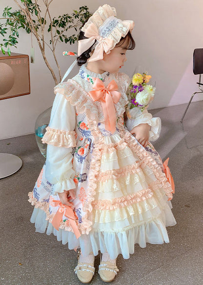 New Print Ruffled Bow Patchwork Cotton Kids Princess Dresses Autumn