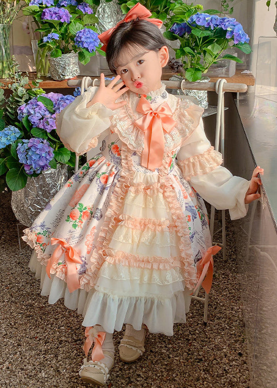 New Print Ruffled Bow Patchwork Cotton Kids Princess Dresses Autumn
