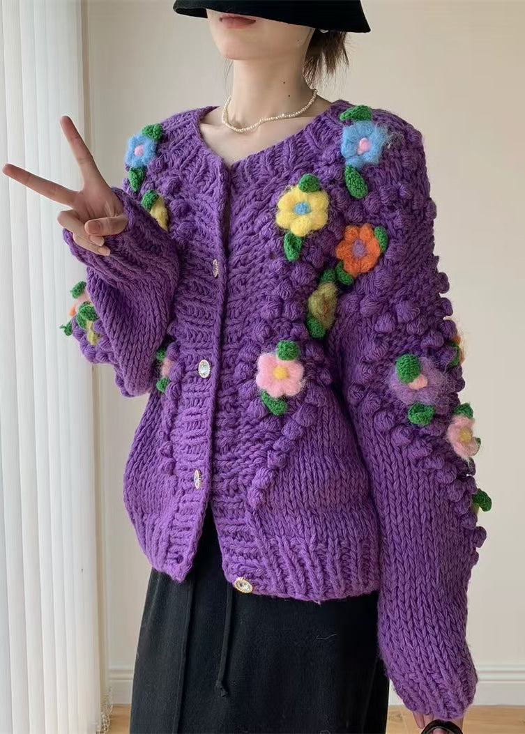 New Purple Button Patchwork Knit Coat Spring