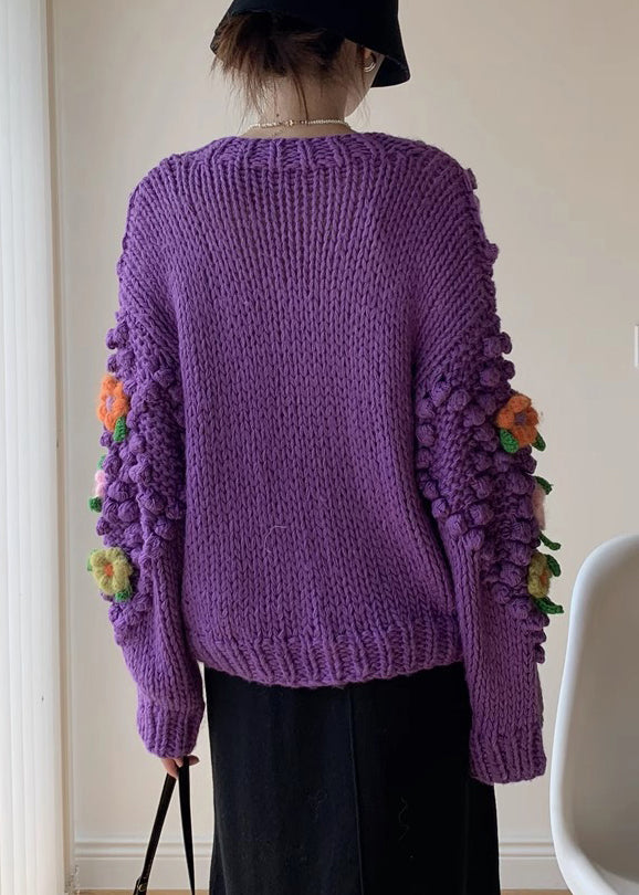 New Purple Button Patchwork Knit Coat Spring