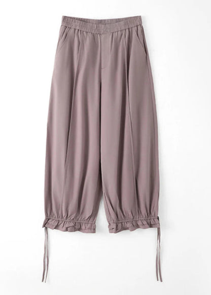 New Purple Cinched Elastic Waist Cotton Crop Pants Trousers Summer