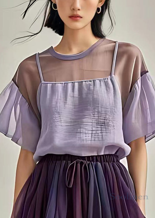 New Purple O Neck Cotton Top Short Sleeve