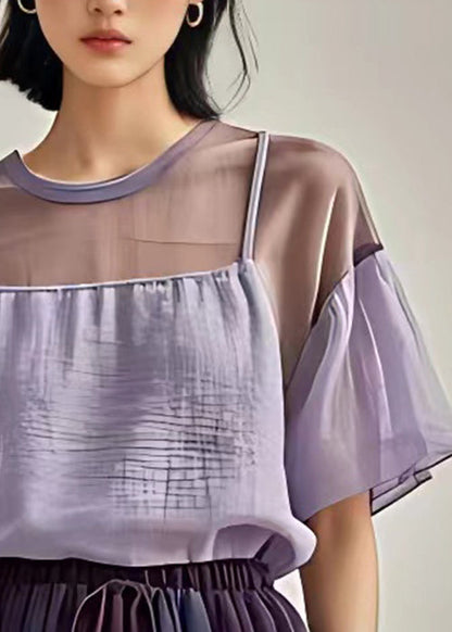 New Purple O Neck Cotton Top Short Sleeve