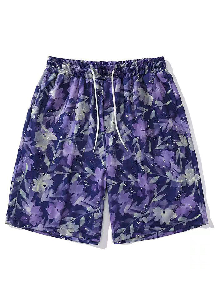 New Purple Print Lace Up Elastic Waist Cotton Beach Shorts Summer