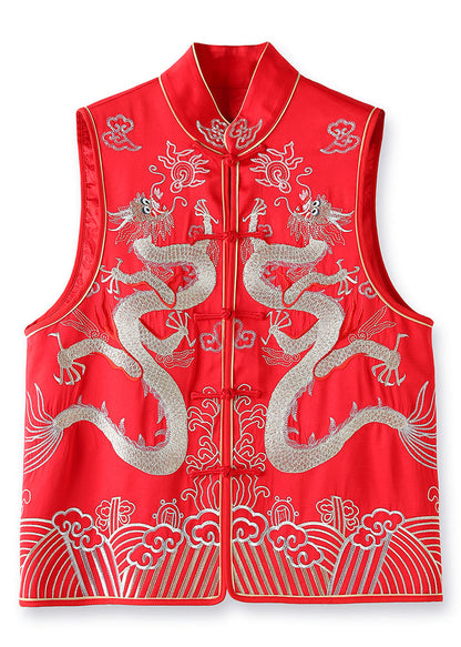 New Red Embroidered Button Patchwork Silk Beach Waistcoat Sleeveless