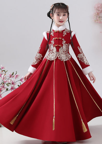 New Red Fur Collar Embroideried Button Warm Fleece Maxi Dresses Winter