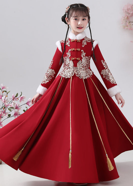 New Red Fur Collar Embroideried Button Warm Fleece Maxi Dresses Winter