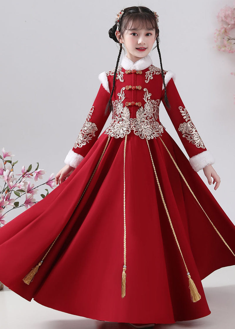 New Red Fur Collar Embroideried Button Warm Fleece Maxi Dresses Winter
