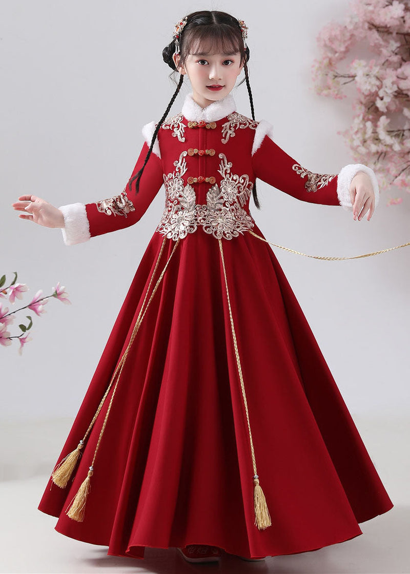 New Red Fur Collar Embroideried Button Warm Fleece Maxi Dresses Winter