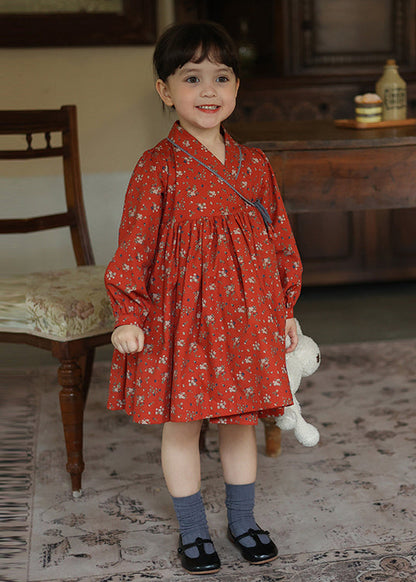 New Red Lace Up Wrinkled Print Patchwork Cotton Kids Dresses Fall