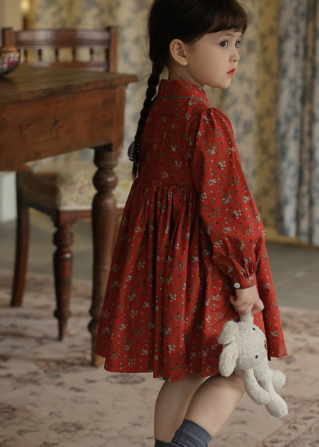 New Red Lace Up Wrinkled Print Patchwork Cotton Kids Dresses Fall