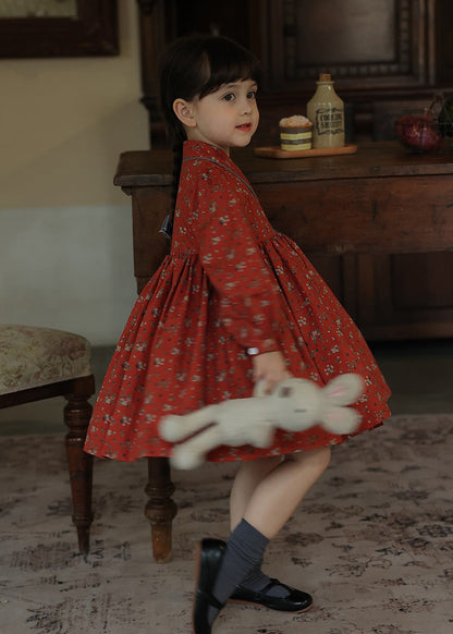 New Red Lace Up Wrinkled Print Patchwork Cotton Kids Dresses Fall