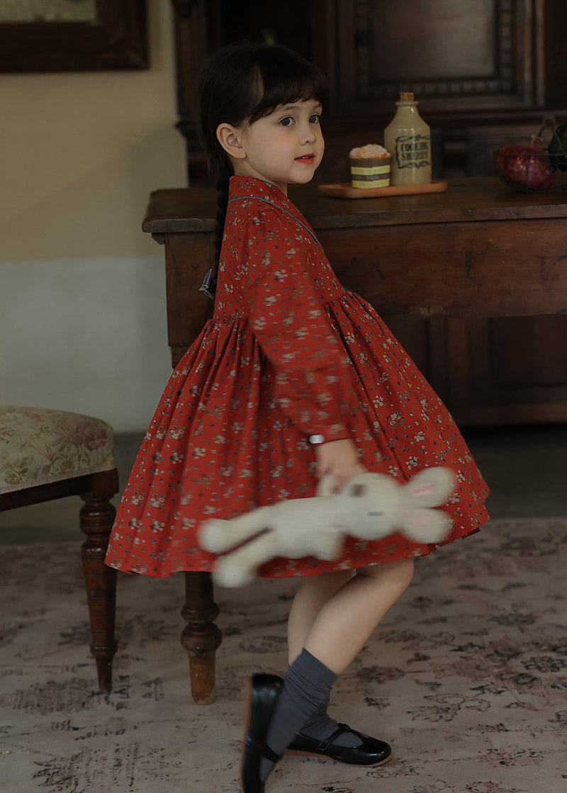 New Red Lace Up Wrinkled Print Patchwork Cotton Kids Dresses Fall