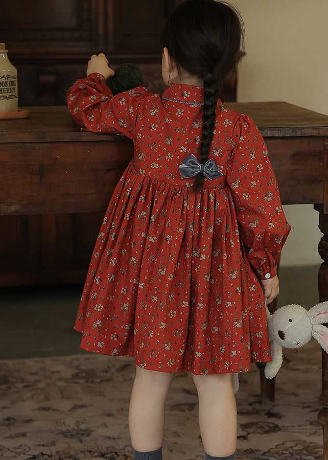 New Red Lace Up Wrinkled Print Patchwork Cotton Kids Dresses Fall
