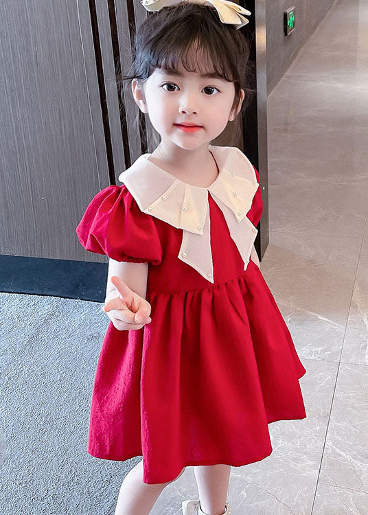 New Red Nail Bead Wrinkled Patchwork Cotton Baby Dress Summer