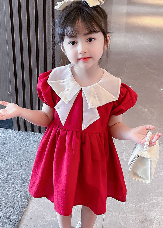 New Red Nail Bead Wrinkled Patchwork Cotton Baby Dress Summer