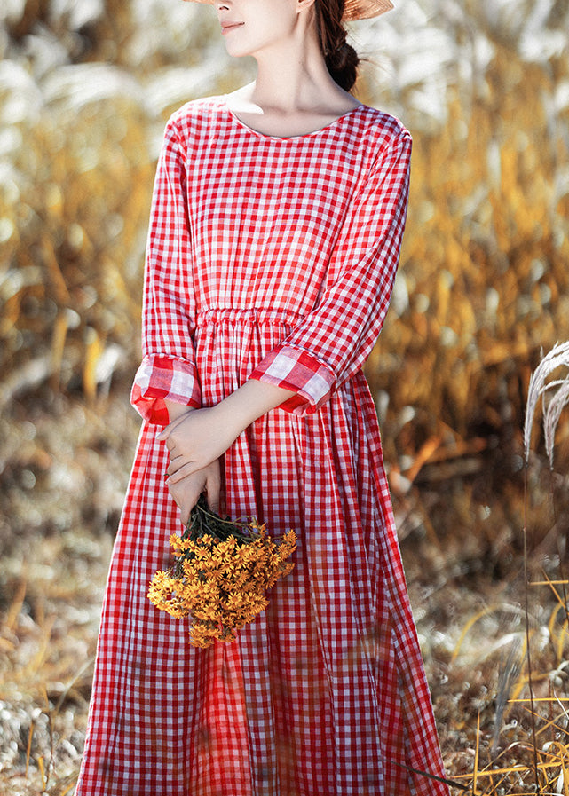 New Red O Neck Plaid Cinched Cotton Long Dresses Spring