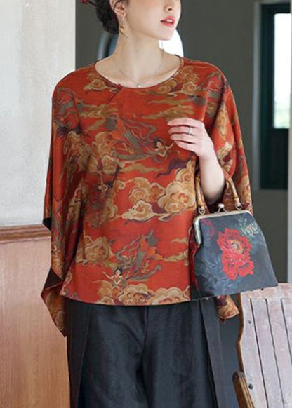 New Red O-neck Print Silk T Shirt Half Sleeve