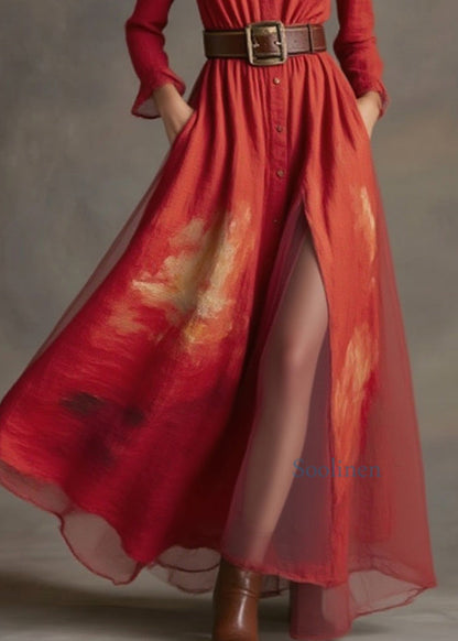 New Red Print Patchwork Cotton Long Dresses Spring