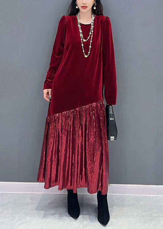 New Red Patchwork Silk Velvet Long Dress Long Sleeve