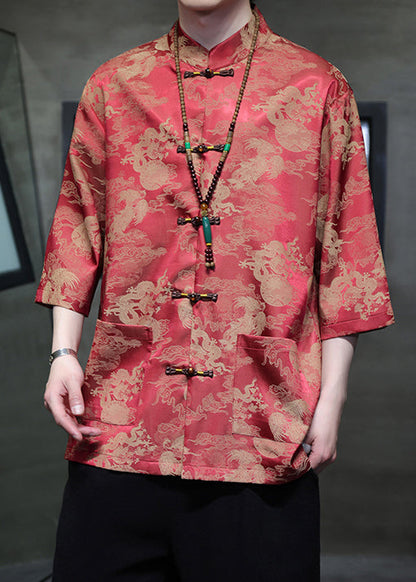 New Red Stand Collar Print Ice Silk Shirts Half Sleeve