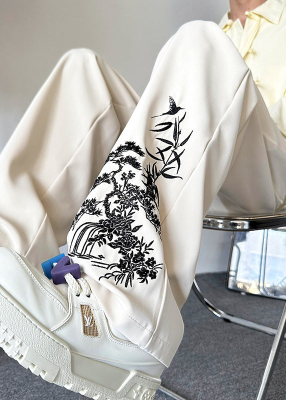 New Retro Apricot Embroideried Pockets Silk Pants Summer