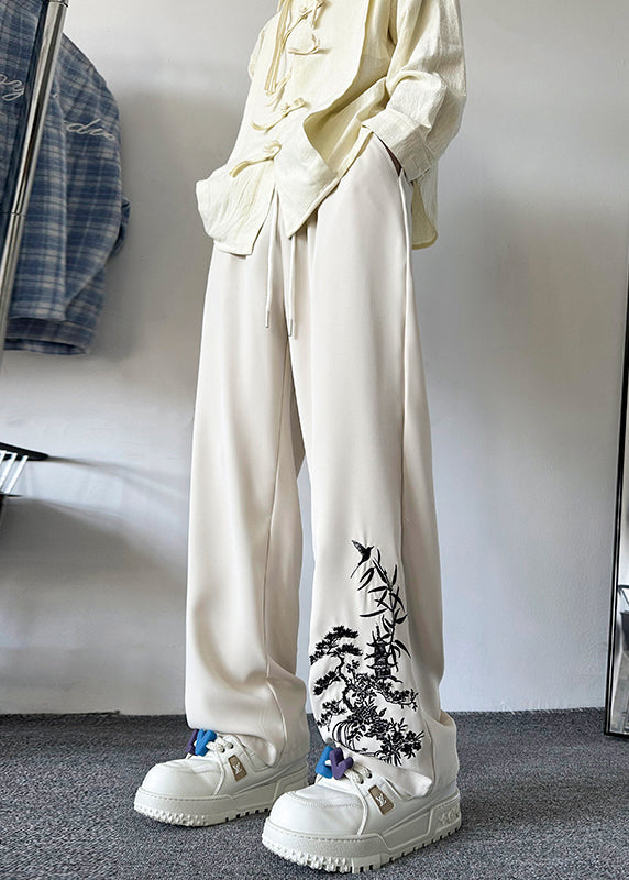 New Retro Apricot Embroideried Pockets Silk Pants Summer