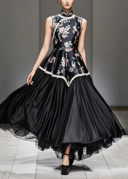 New Retro Black Print Patchwork Exra Large Hem Silk Oriental Dress Sleeveless