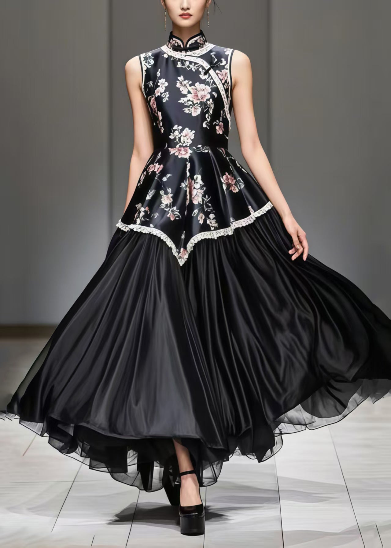 New Retro Black Print Patchwork Exra Large Hem Silk Oriental Dress Sleeveless