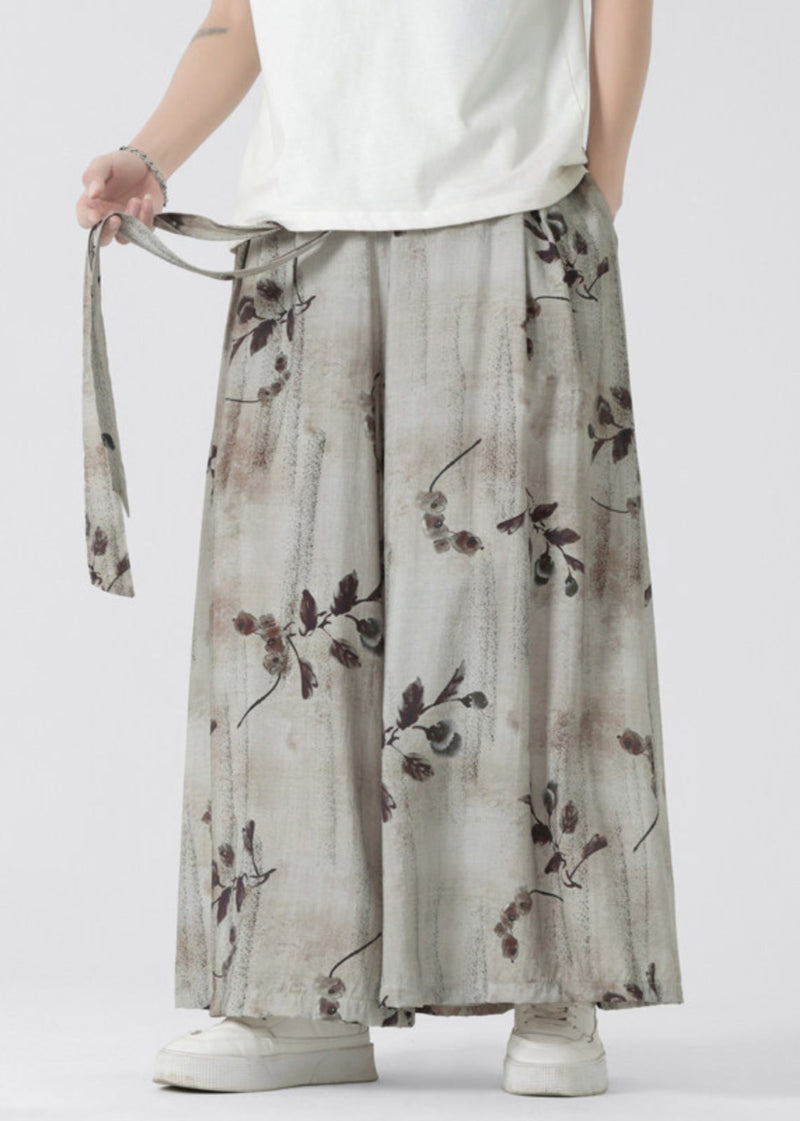 New Retro Pockets Print Elastic Waist Ice Silk Wide Leg Pants Summer
