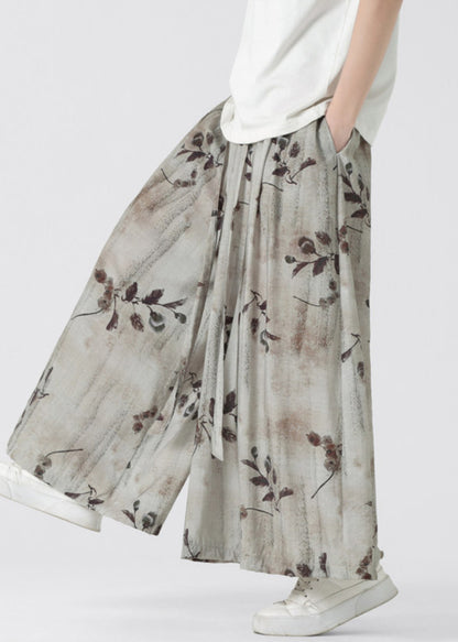 New Retro Pockets Print Elastic Waist Ice Silk Wide Leg Pants Summer