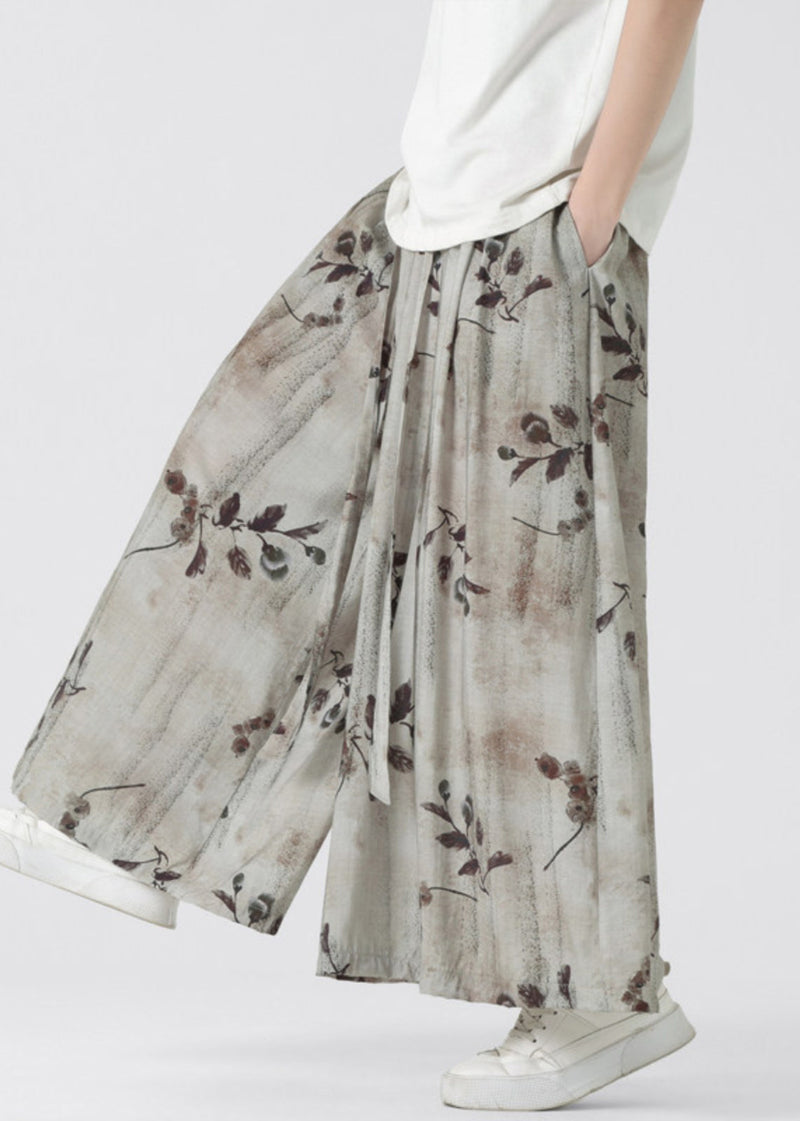 New Retro Pockets Print Elastic Waist Ice Silk Wide Leg Pants Summer