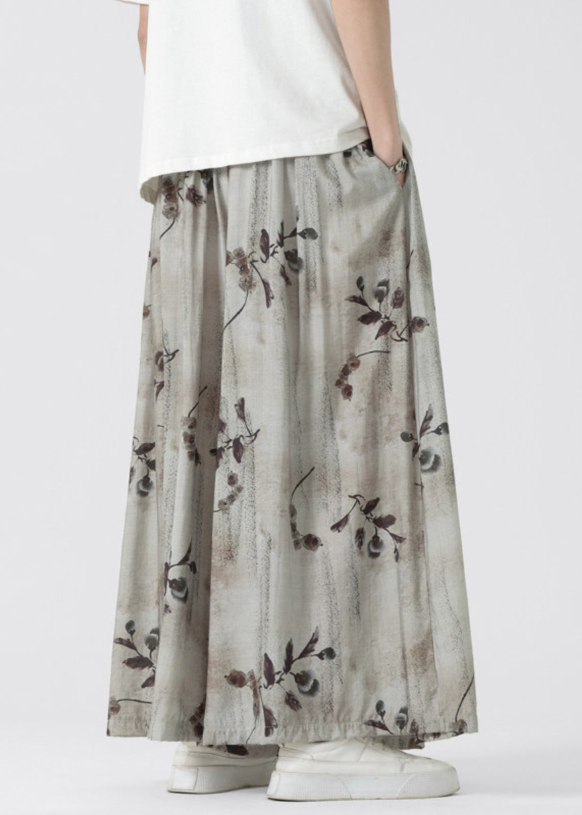 New Retro Pockets Print Elastic Waist Ice Silk Wide Leg Pants Summer
