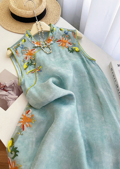 New Retro Sky Blue Embroidered Silk Oriental Dresses Sleeveless