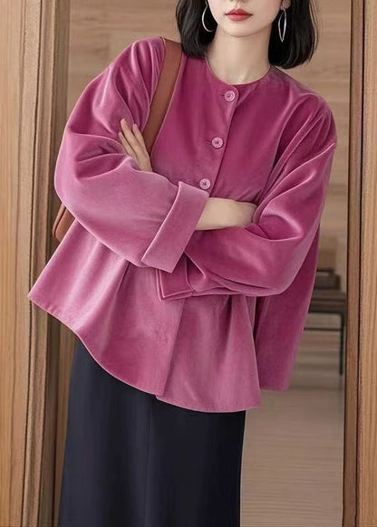 New Rose O Neck Button Silk Velour Shirts Fall