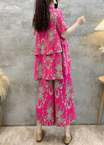 New Rose Print Shirts Tops and Crop Pants Cotton Two Pieces Set Summer