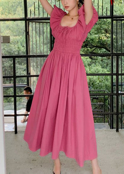 New Rose Lace Up Wrinkled Cotton Long Dress Short Sleeve