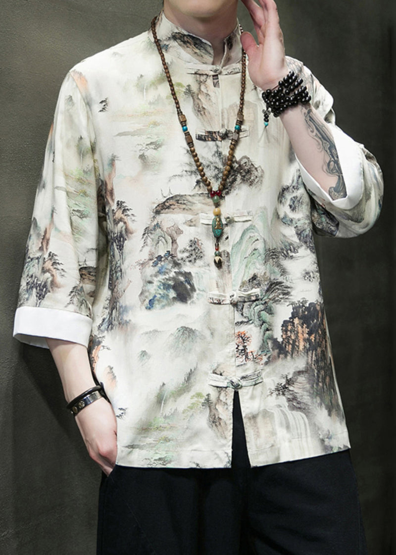 New Stand Collar Print Button Ice Silk Shirts Bracelet Sleeve