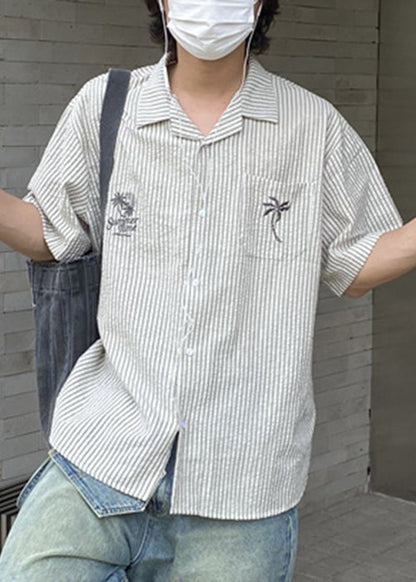 New Striped Embroideried Button Cotton Shirts Short Sleeve