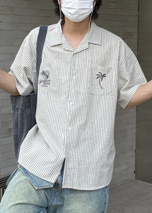 New Striped Embroideried Button Cotton Shirts Short Sleeve