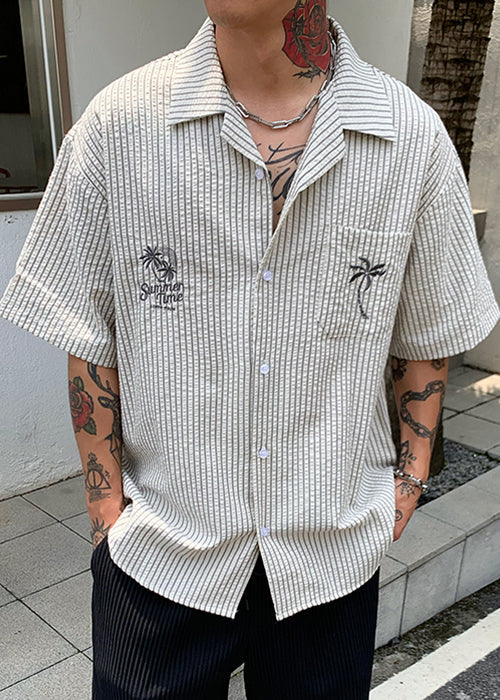 New Striped Print Pockets Cotton Shirt Summer